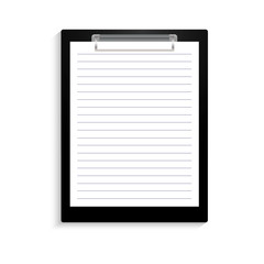 a tablet for notes with a sheet in a ruler without inscriptions. the tablet is black with a clip. ve