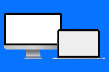 Aufkleber - a set of modern office equipment from a leading manufacturer. computer and laptop on a blue backgrou