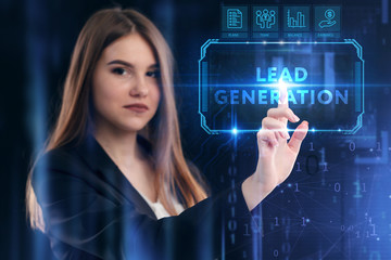 Business, Technology, Internet and network concept. Young businessman working on a virtual screen of the future and sees the inscription: Lead generation