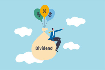 Wall Mural - Dividend Stock investment return in financial crisis COVID-19 Coronavirus crash concept, happy businessman stock investor sitting on money bag with the word dividend floating with dollar sign balloons