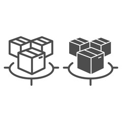Poster - Three shipping box in target line and solid icon, warehouse and logistics symbol, Parcel tracking vector sign on white background, delivery packaging monitoring icon in outline style. Vector graphics.