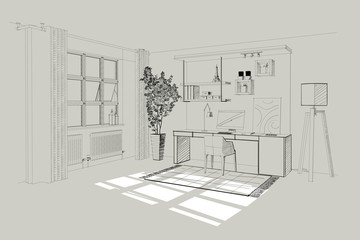 Home office interior sketch.