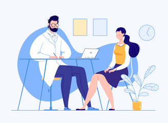 Wall Mural - Patient in the doctor’s office. Doctor consultation. Visit. Modern clinic. Diagnosis. Vector flat cartoon illustration. Doctor appointment.