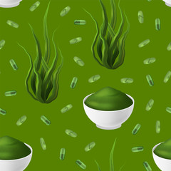 Sticker - Realistic Detailed 3d Green Spirulina Seamless Pattern Background. Vector