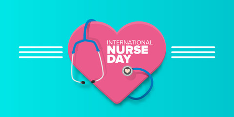 Wall Mural - vector international nurse day greeting card or horizontal banner with stethoscope isolated on azure background. vector nurses day icon or sign design template