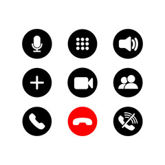 Poster - Mobile call buttons icons set flat. Phone, sound, microphone, camera, call symbols on isolated white background for applications, web, app. Set of communication icons. EPS 10 vector.