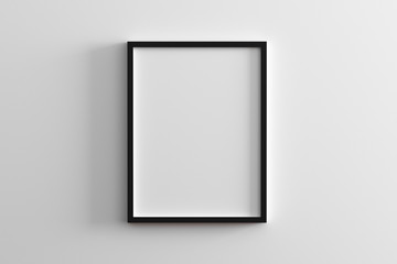 blank frame on white wall mock up, vertical black poster frame on wall,  picture frame isolated on a wall, mock up for picture or photo frame,  empty frame on bright wall, 3d render