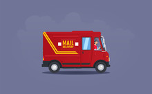 Red Flat Cartoon Post Or Delivery Van Vehicle With Driver Or Courier On Purple Background. Express Mail Delivery Truck Concept. Colors Of English Royal Mail. Vector Illustration.