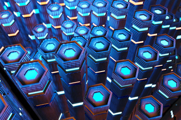 Aufkleber - Metallic black blue and orange glowing hexagons moving pillars background 3D rendering