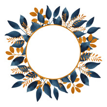 Round Frame With Watercolor Blue And Gold Leaves. 
