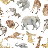 Fototapeta Dziecięca - Hand drawn colorful seamless pattern with watercolor wild exotic animals. Summer repeated background