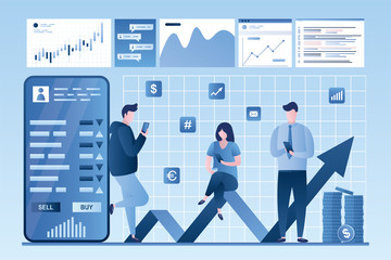 Online stock market investment. Analysis of financial data, currency trading. Forex market. Modern cellphone with finance app.