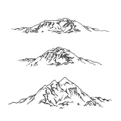 Set mountains sketch. Hand drawn vector illustration. Mountain travel, highlands range. Dot and line art. Rocky peaks. Landscape silhouette