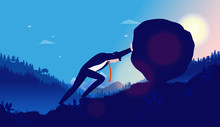 Heavy Task And Problems - Business Man Pushing Heavy Rock Up Hill With Sun Mountains And Forest In Background. Hard Work, Reach Success, Overcome Adversity Concept. Vector Illustration.
