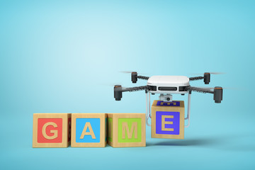 Poster - 3d rendering of white drone carrying alphabet toy blocks making 'GAME' sign on blue background