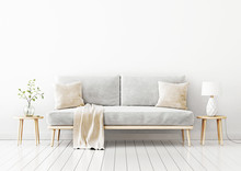 Interior Wall Mockup With Gray Velvet Sofa, Beige Pillows And Plaid, Branch In Vase And Lamp On Coffee Table In Living Room With Empty White Wall Background. 3D Rendering, Illustration.