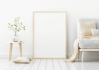 Aufkleber - Poster mockup with vertical frame standing on floor in living room interior with sofa, beige pillow and branch in glass vase on empty white wall background. 3D rendering, illustration.