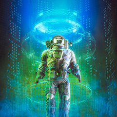 Wall Mural - Time travel astronaut / 3D illustration of male astronaut inside futuristic teleportation device