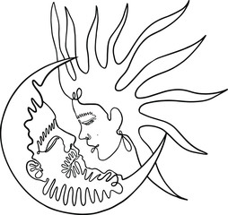 Sun and moon man and woman Yin Yan. It can be used as a print for t-shirts and bags, cards, decor elements. Astrology symbol by vector. For postcards, posters, stickers and professional design.