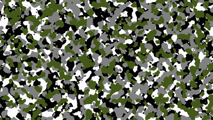 Wall Mural - White, black, green and grey Camouflage. Camo background, military pattern, army and sport clothing, urban fashion. Vector Format. 16:9 aspect ratio.