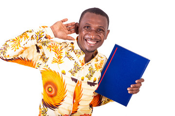 Poster - young businessman with document in hand holding his ear.