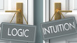 intuition or logic as a choice in life - pictured as words logic, intuition on doors to show that logic and intuition are different options to choose from, 3d illustration