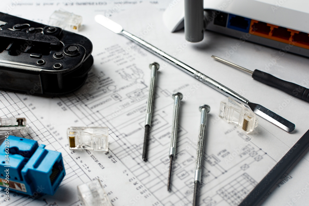 Tools for the design of data networks. network cable terminal, Hand ...