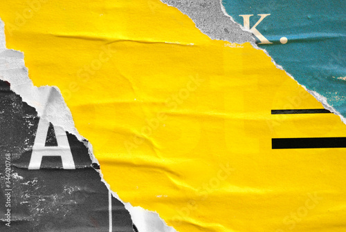 Plakat Old grunge ripped torn vintage collage street posters creased crumpled paper surface placard texture background backdrop / Selective color
