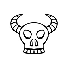Wall Mural - Skull with horns icon. Front view. Contour ink drawing. Hand drawn vector graphic illustration. Isolated object on a white background. Isolate.