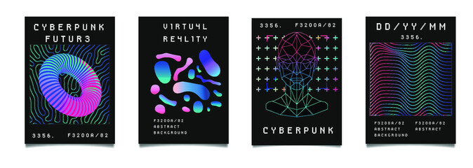 Aufkleber - Set of synthwave style posters with geometric surreal elements. Collection of futuristic cyberpunk covers for Information technology, biology and science events.