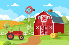 Red Barn With A Tractor And A Round Bale Of Hay. A Small Family Farm Surrounded By Green Fields And Trees. Concepts Of Agriculture, Agribusiness, Agrotourism. Vector Illustration
