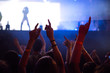 © maxbelchenko - Сrowd with raised hands at music festival. Fans enjoying rock concert with light show and clapping hands.