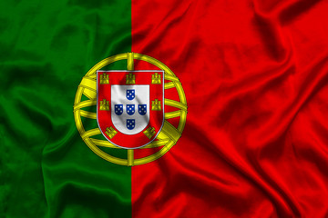 Portugal national flag background with fabric texture. Flag of Portugal waving in the wind. 3D illustration