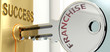 Franchise and success - pictured as word Franchise on a key, to symbolize that Franchise helps achieving success and prosperity in life and business, 3d illustration