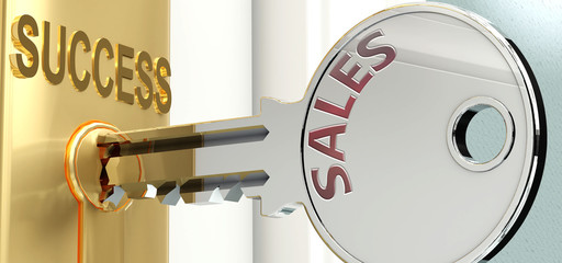 Sales and success - pictured as word Sales on a key, to symbolize that Sales helps achieving success and prosperity in life and business, 3d illustration