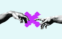 Hands Not Going To Touch Together. Concept Of Social Distancing During COVID-19 And Quarantine. Pixel Art Style Illustration.