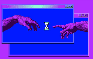 Poster - Hands going to touch together online. Concept of social distancing and remote work during COVID-19 and quarantine. Pixel art style illustration.