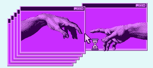 Hands going to touch together online. Concept of social distancing and remote work during COVID-19 and quarantine. Pixel art style illustration.