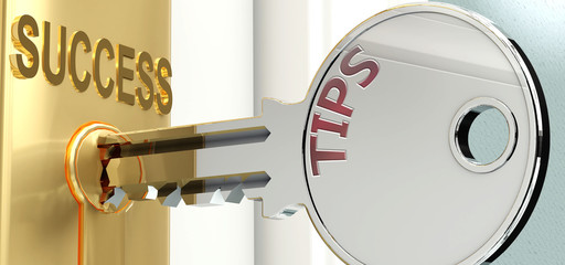 Tips and success - pictured as word Tips on a key, to symbolize that Tips helps achieving success and prosperity in life and business, 3d illustration