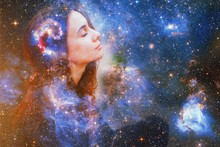 Double Exposure Portrait Of A Young Woman Close Eye Face With Galaxy Space Inside Head. Human Inner Peace, Star Light Fire, Life Zen Girl Love, Rpa Ai Concept. Elements Of This Image Furnished By NASA