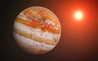 Wall Mural - red jupiter like fiction planet in outer space with lens flare of rising sun. 3d rendered illustrati