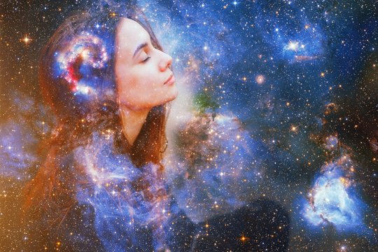 Double exposure portrait of a young woman close eye face with galaxy space inside head. Human inner peace, star light fire, life zen girl love, rpa ai concept. Elements of this image furnished by NASA
