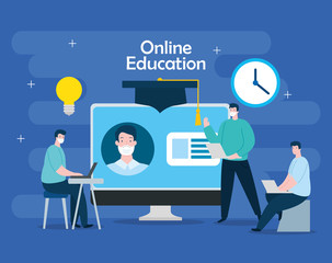 Wall Mural - men in education online with computer vector illustration design