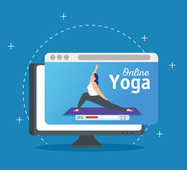 Sticker - woman practicing yoga online technology vector illustration design