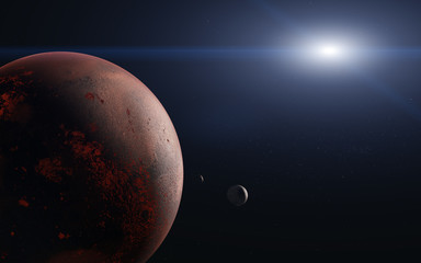 Wall Mural - mars planet of solar sysrem and its moon close up. 3d rendered illustration. elements of this image 