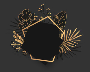 Poster - Abstract gold floral frame with exotic tropical leaves, branches, berries. Luxury decorative polyhedron black banner closeup. Modern polygonal geometric template for text. Isolated vector illustration