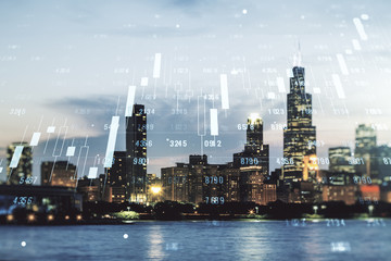Poster - Double exposure of abstract creative statistics data hologram on Chicago office buildings background, analytics and forecasting concept