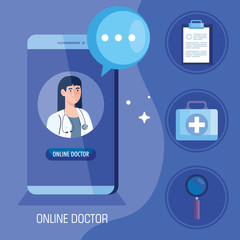 Sticker - doctor female in smartphone with app of medicine online and icons vector illustration design