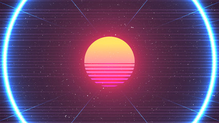 Wall Mural - Cyberpunk background. 80s Sun vector illustration. Retro future neon glow. Blue round shape. Horizontal laser lines. Old TV effect. Grain texture. Sci-fi virtual space design. Cyberpunk Sun
