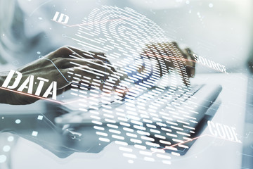 Aufkleber - Multi exposure of abstract fingerprint scan interface with hands typing on computer keyboard on background, digital access concept